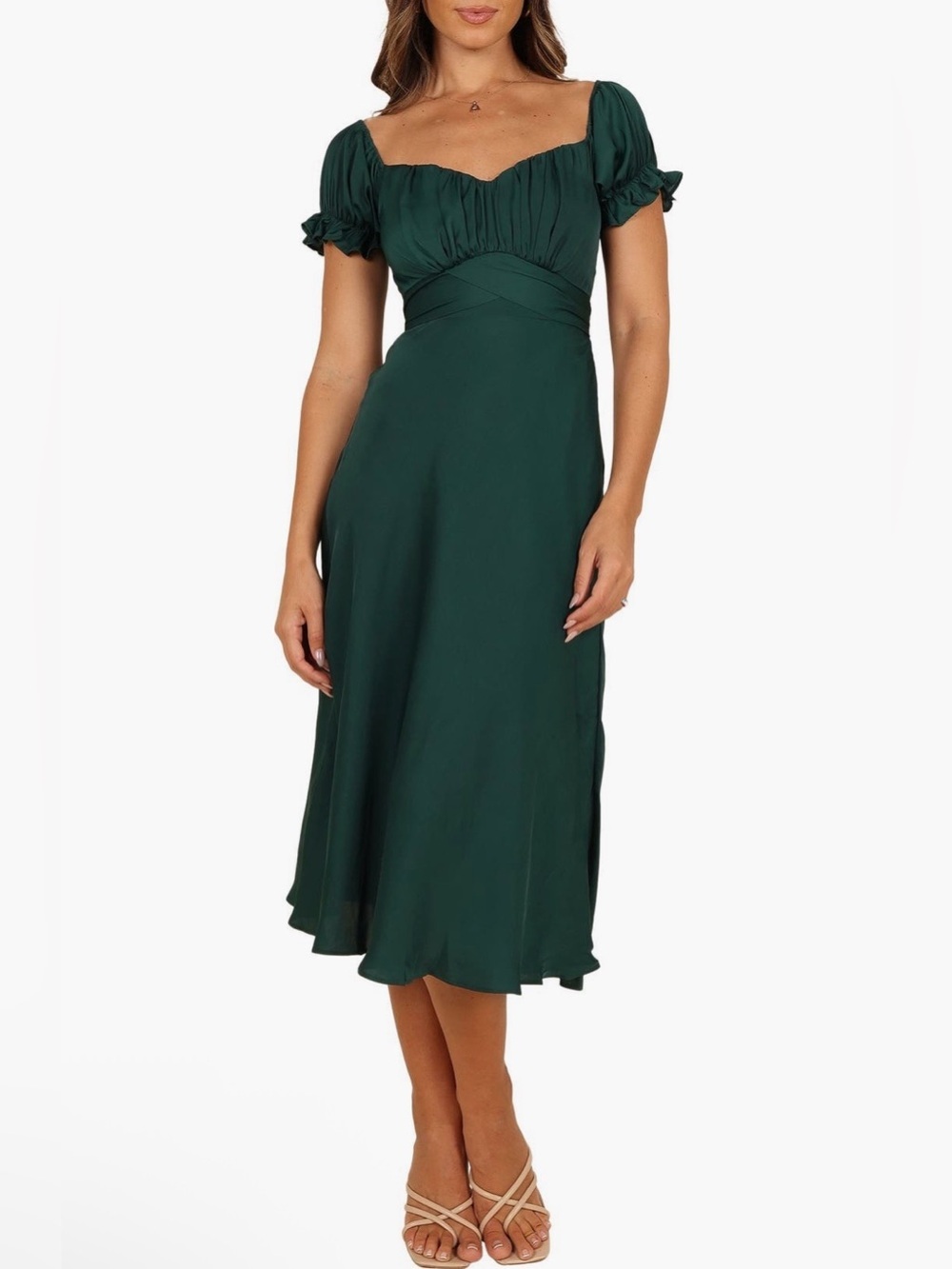 Petal & Pup NWT Mickenna Frill Tie Back Midi Dress Satin Puff Sleeves Wedding